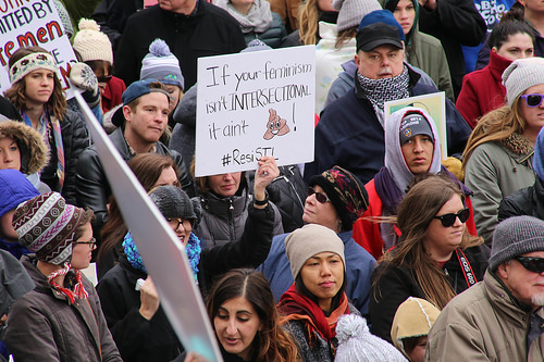 Photo of a protest with a woman holding a sign that reads "If your feminism isn't intersectional it aint [poop emoji]"