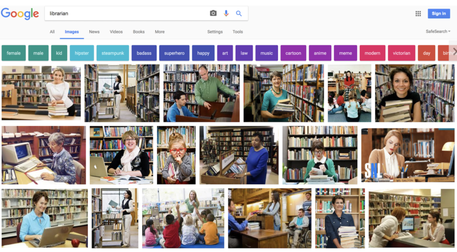Screen shot of Google results for search for "Librarian" shows lots of women, mostly white, surrounded by books. Includes one picture of a little girl shushing the viewer.