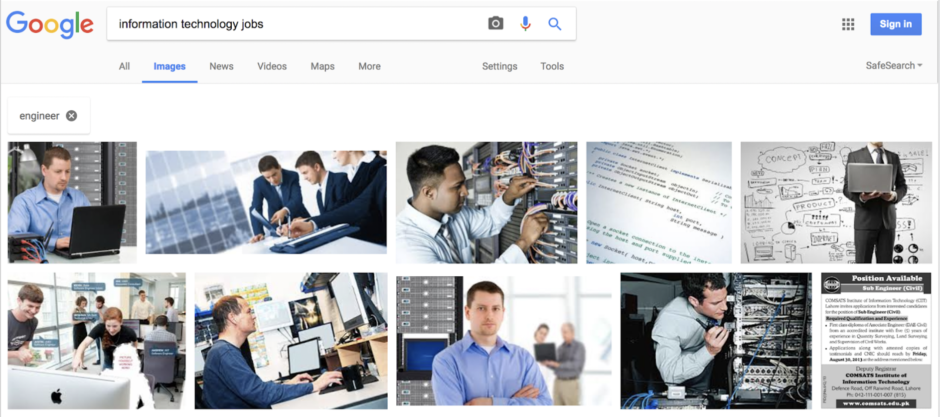 Screen shot of Google results for search for "information technology jobs" and limit to "engineer" shows mostly men, mostly white, interacting with technology.