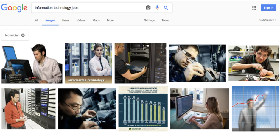 Screen shot of Google results for search for "information technology jobs" and limit to "technician" shows mostly men, mostly white, interacting with technology.