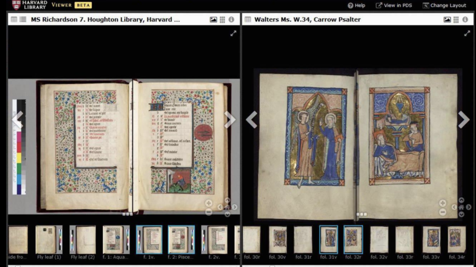 Image in the Mirador viewer of two manuscripts side by side, one from Harvard Library and one from the Walters Museum in Baltimore. 